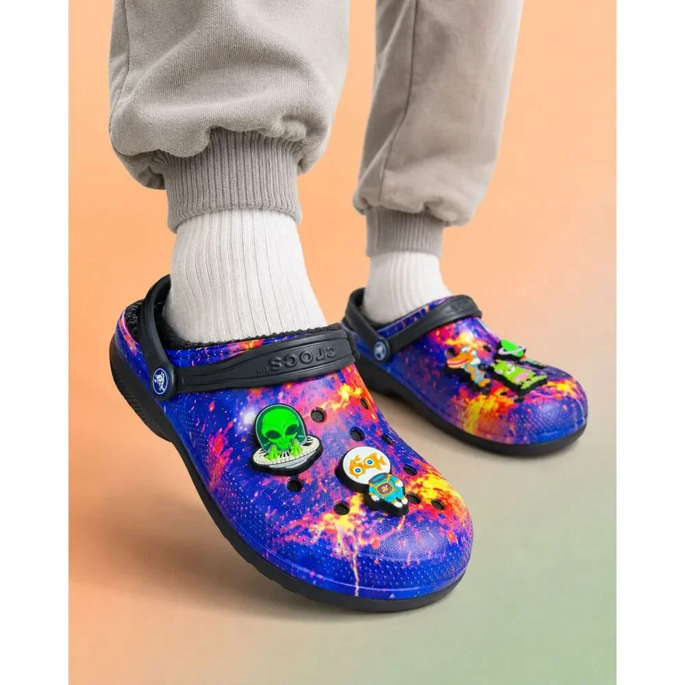 Crocs Classic Lined Galaxy Space Alien Clogs Kids J5 Blue Purple Black w Jibbitz